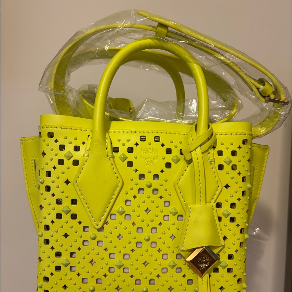 MCM Yellow Mini Bag with Geometric Perforations